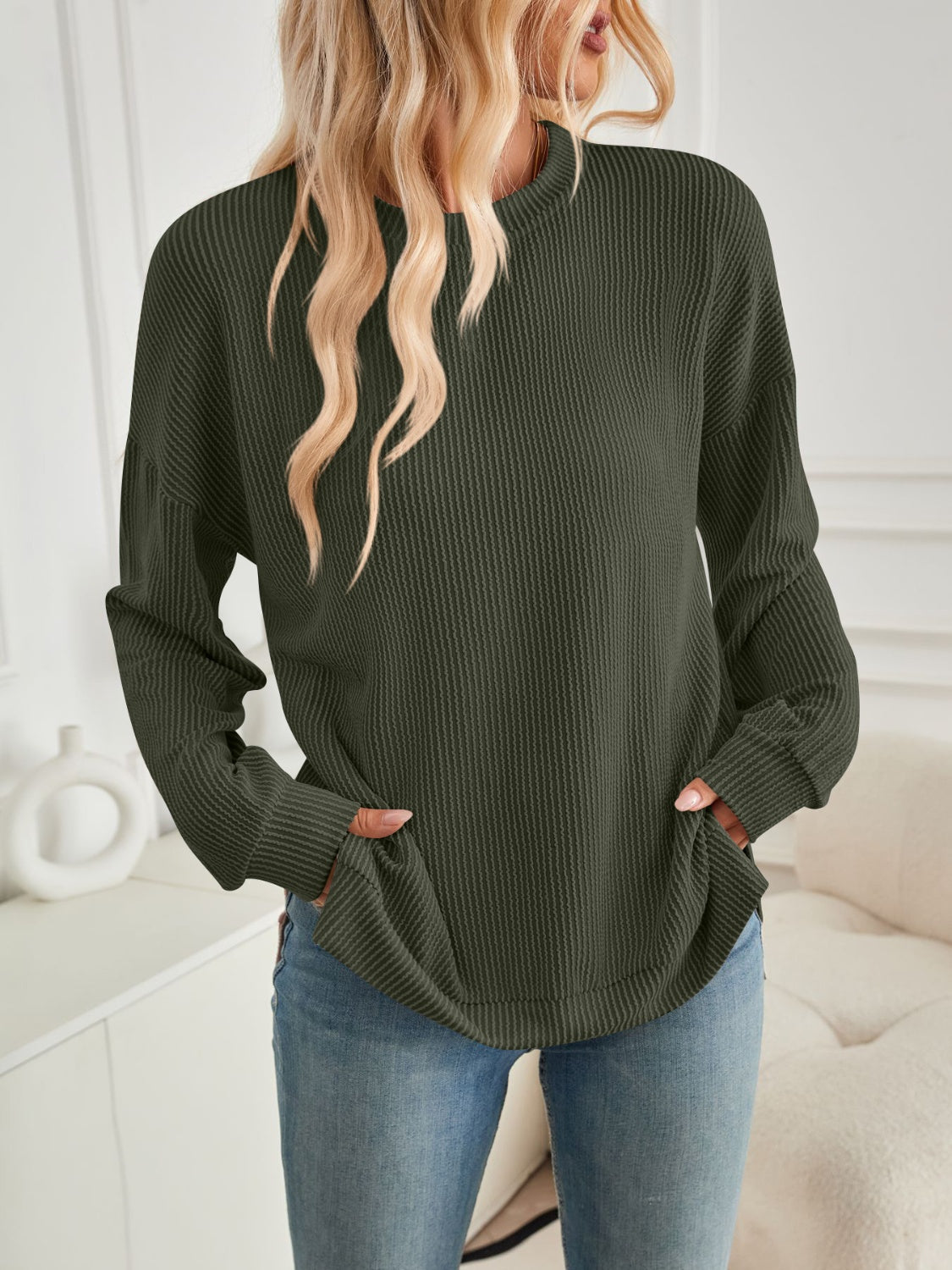 Lovelet Slit Round Neck Long Sleeve Sweatshirt - EkaVibe