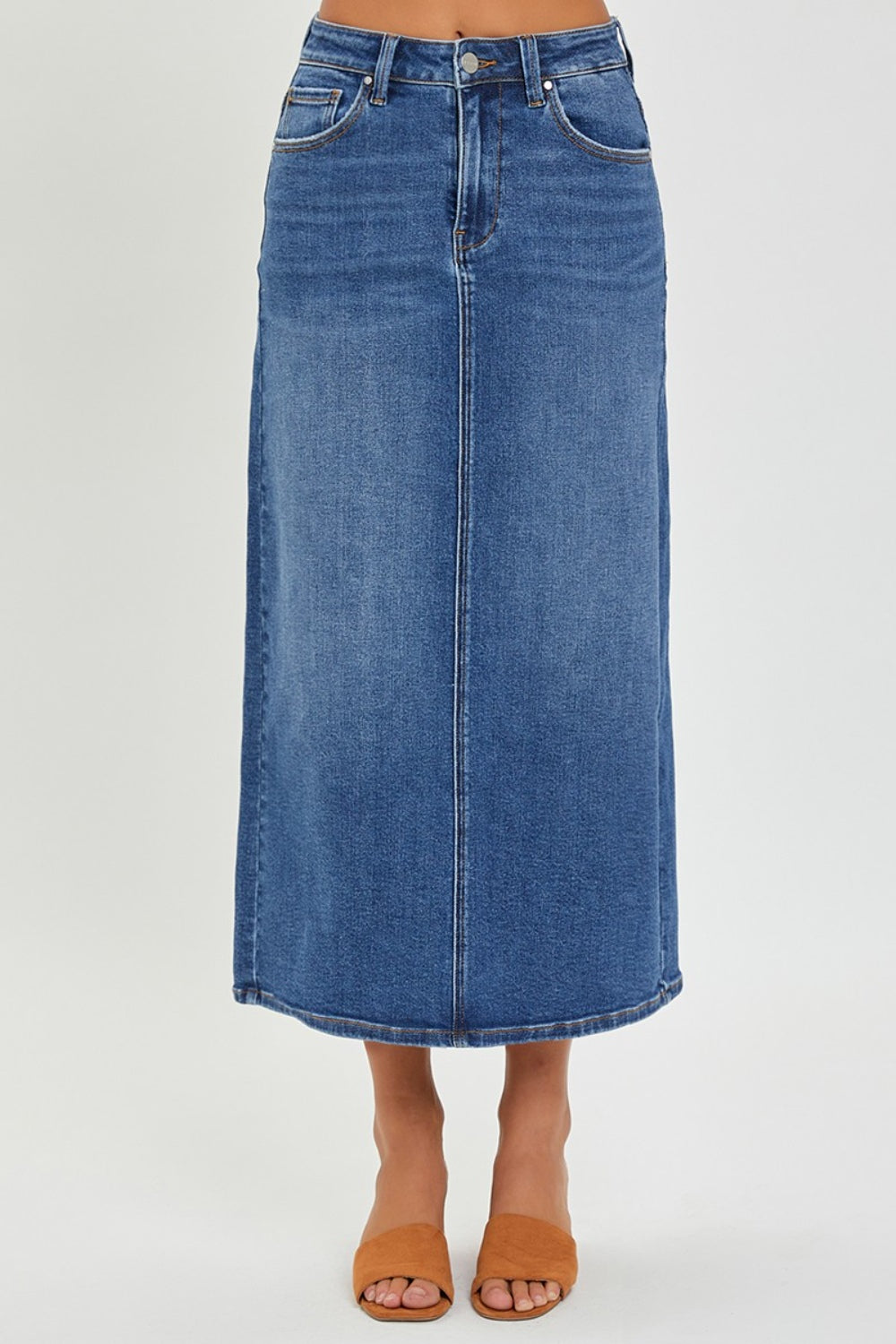 RISEN High Rise Back Slit Denim Skirt - EkaVibe