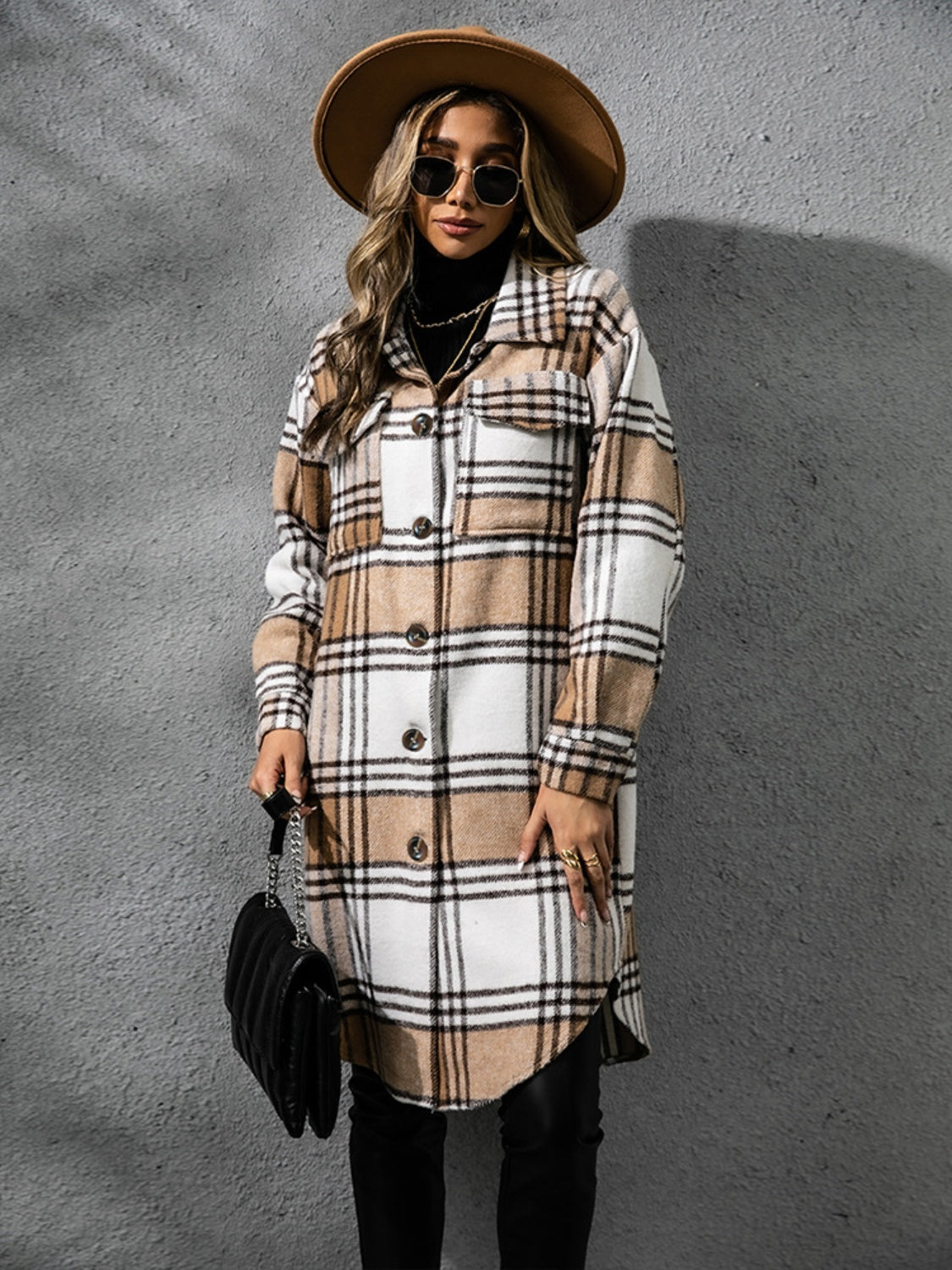 Plaid Collared Neck Long Sleeve Coat - EkaVibe