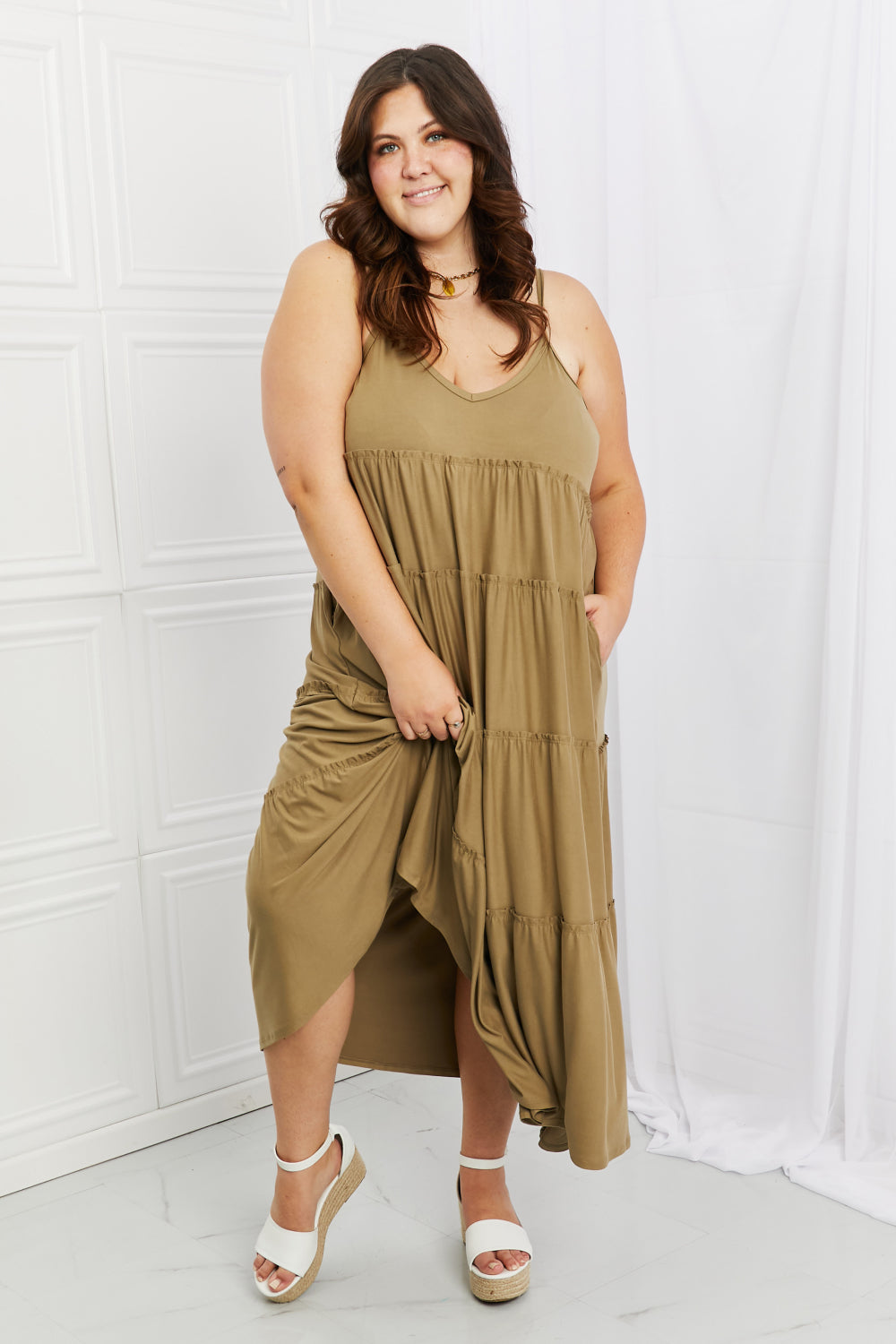 Zenana Full Size Spaghetti Strap Tiered Dress with Pockets in Khaki - EkaVibe