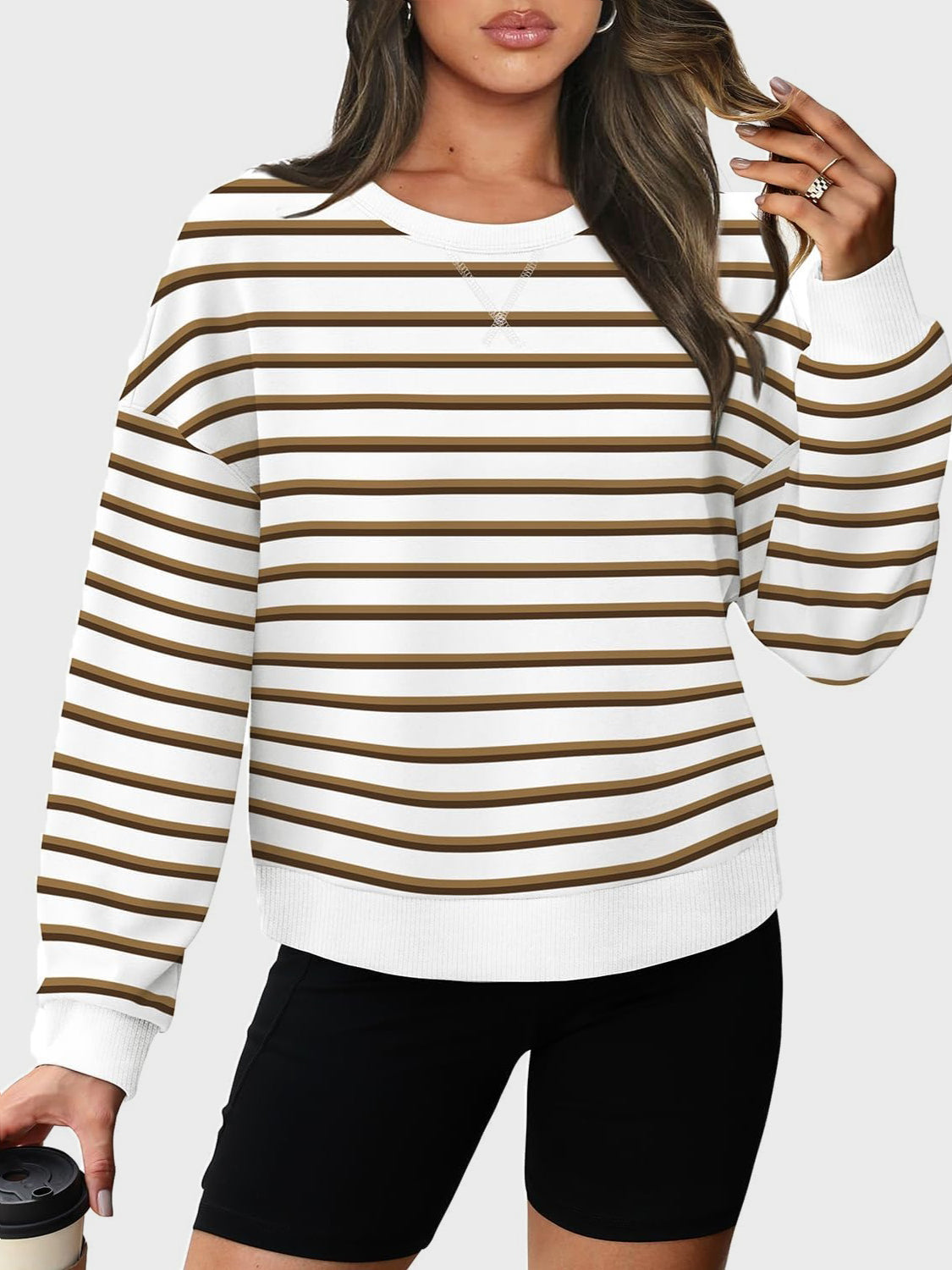 Lovelet Striped Round Neck Long Sleeve Sweatshirt - EkaVibe