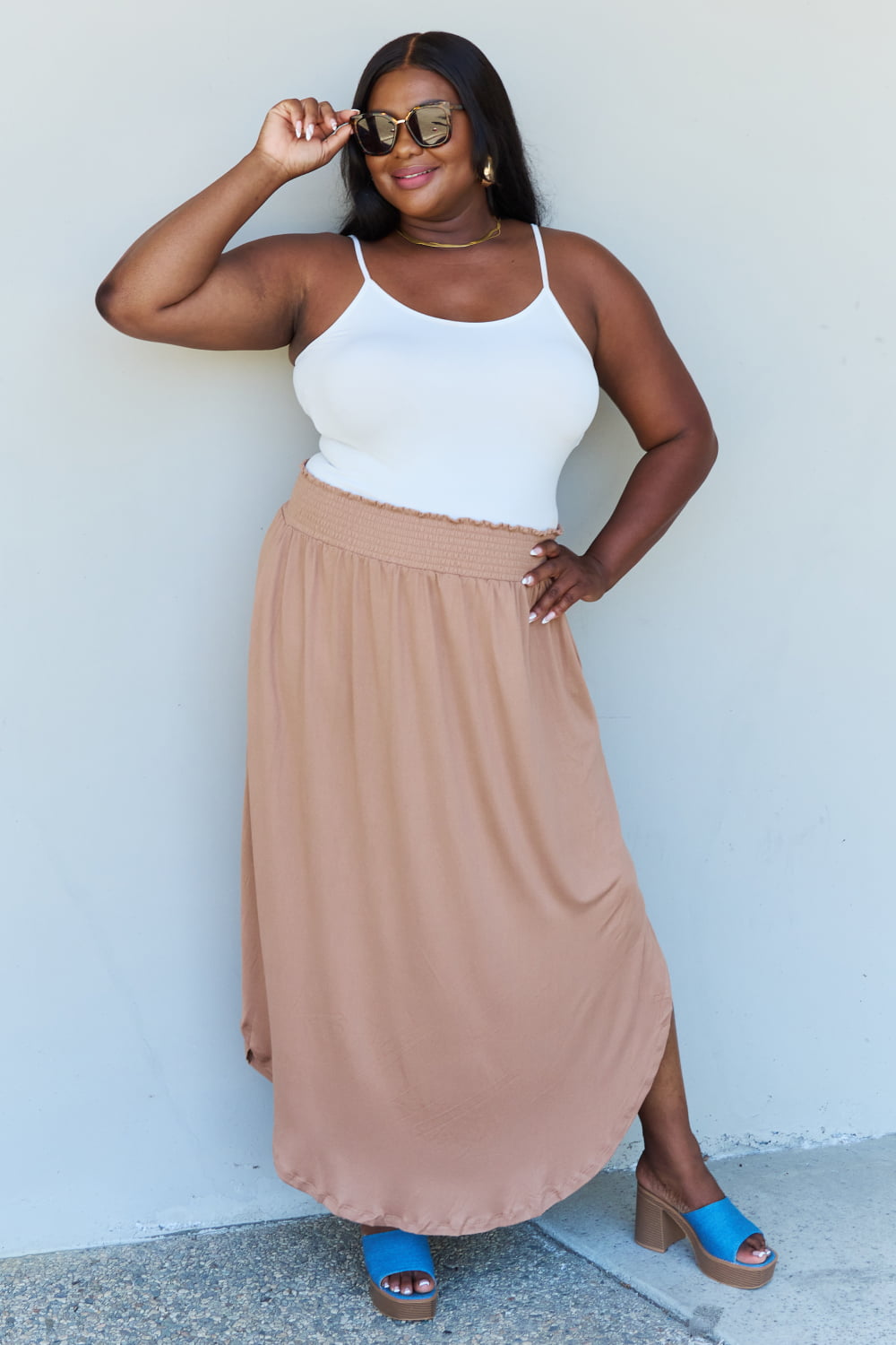 Doublju Comfort Princess Full Size High Waist Scoop Hem Maxi Skirt in Tan - EkaVibe