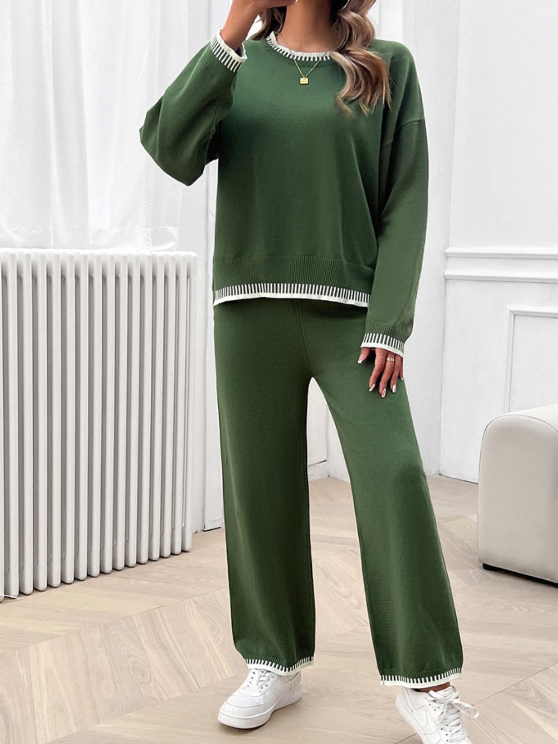 Devine Round Neck Dropped Shoulder Top and Pants Sweater Set - EkaVibe