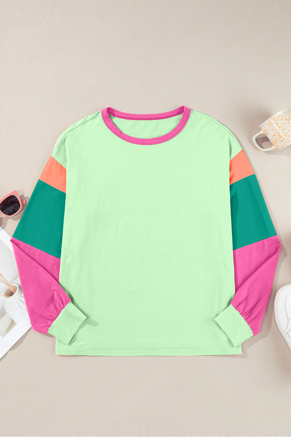 Color Block Round Neck Long Sleeve Top - EkaVibe