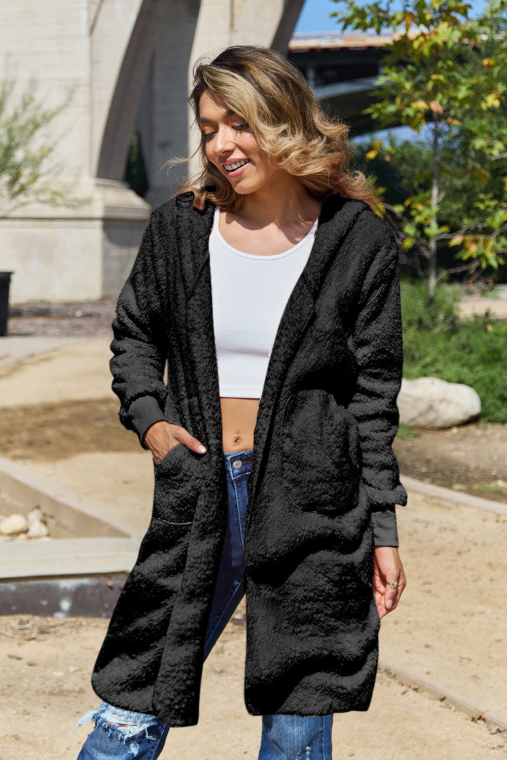 Double Take Full Size Hooded Teddy Bear Jacket with Thumbholes - EkaVibe