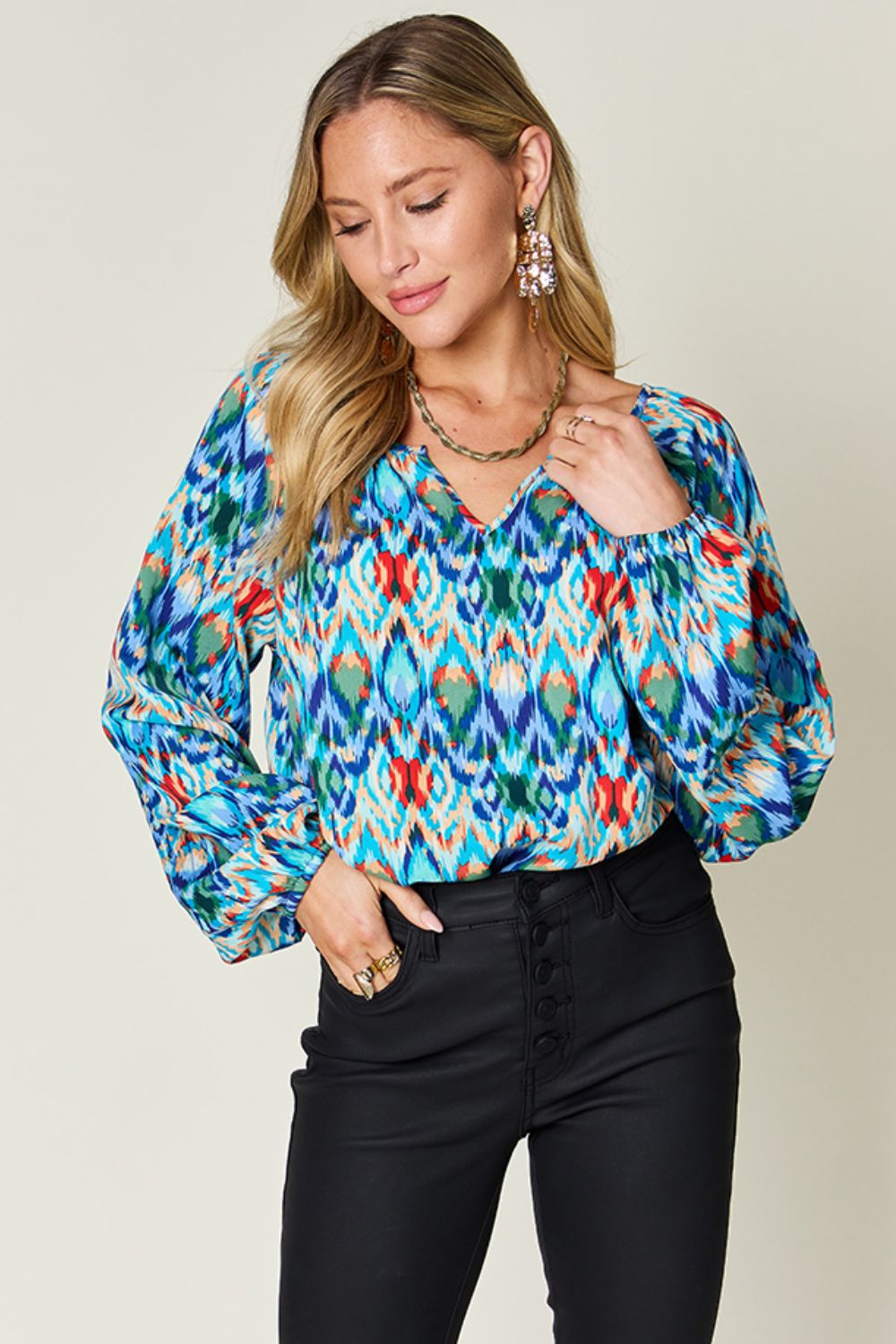 Double Take Full Size Printed Balloon Sleeve Blouse - EkaVibe