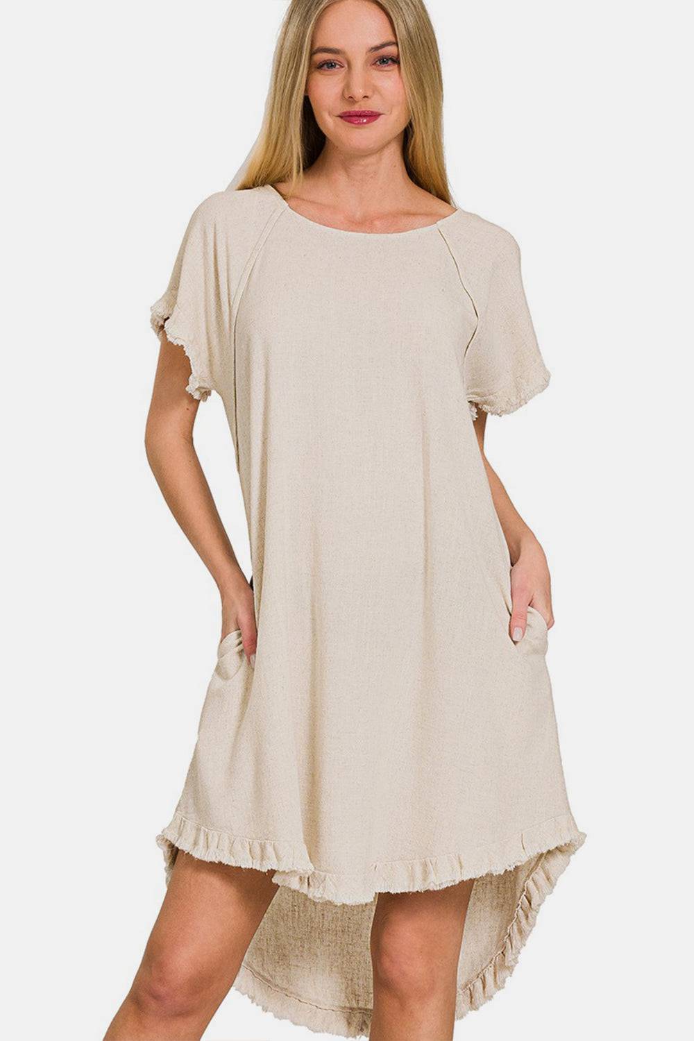 Zenana Fringe Edge High Low Flowy Dress with Pockets - EkaVibe