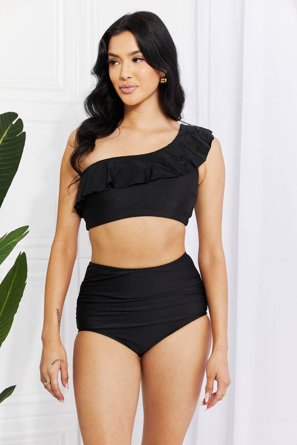 Marina West Swim Seaside Romance Ruffle One-Shoulder Bikini in Black - EkaVibe