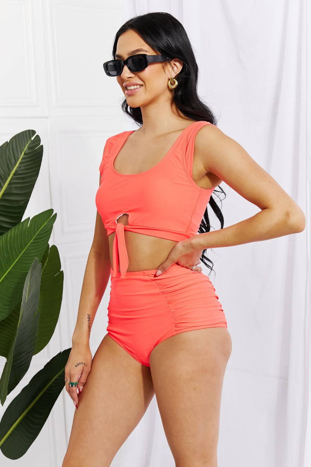 Marina West Swim Sanibel Crop Swim Top and Ruched Bottoms Set in Coral - EkaVibe