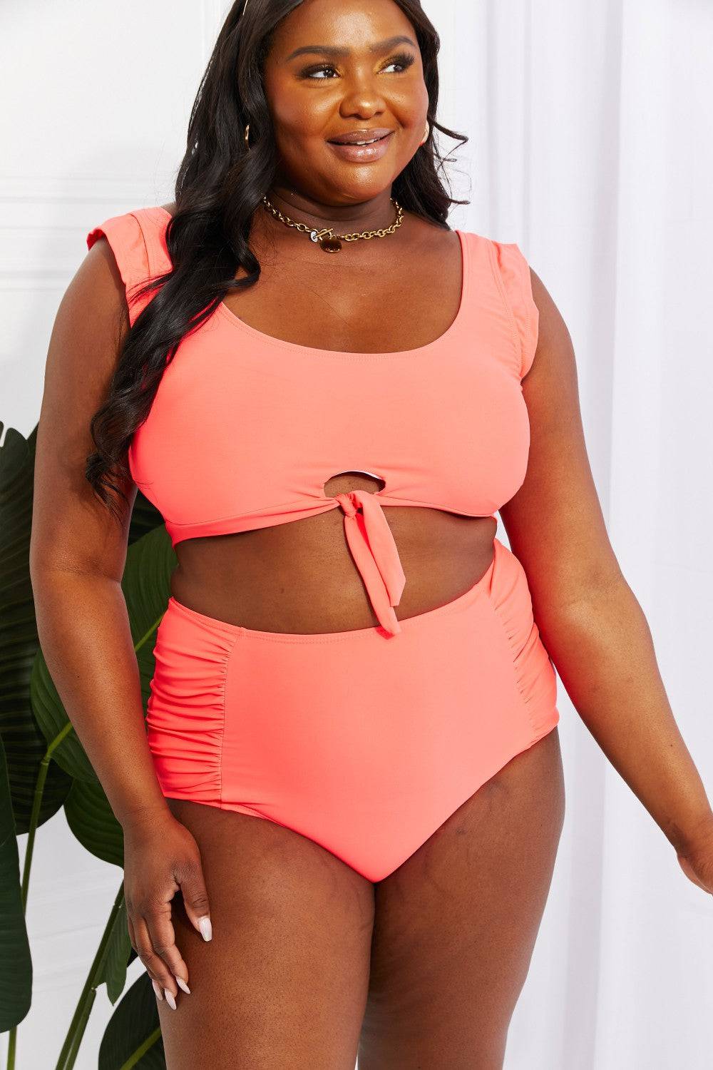 Marina West Swim Sanibel Crop Swim Top and Ruched Bottoms Set in Coral - EkaVibe