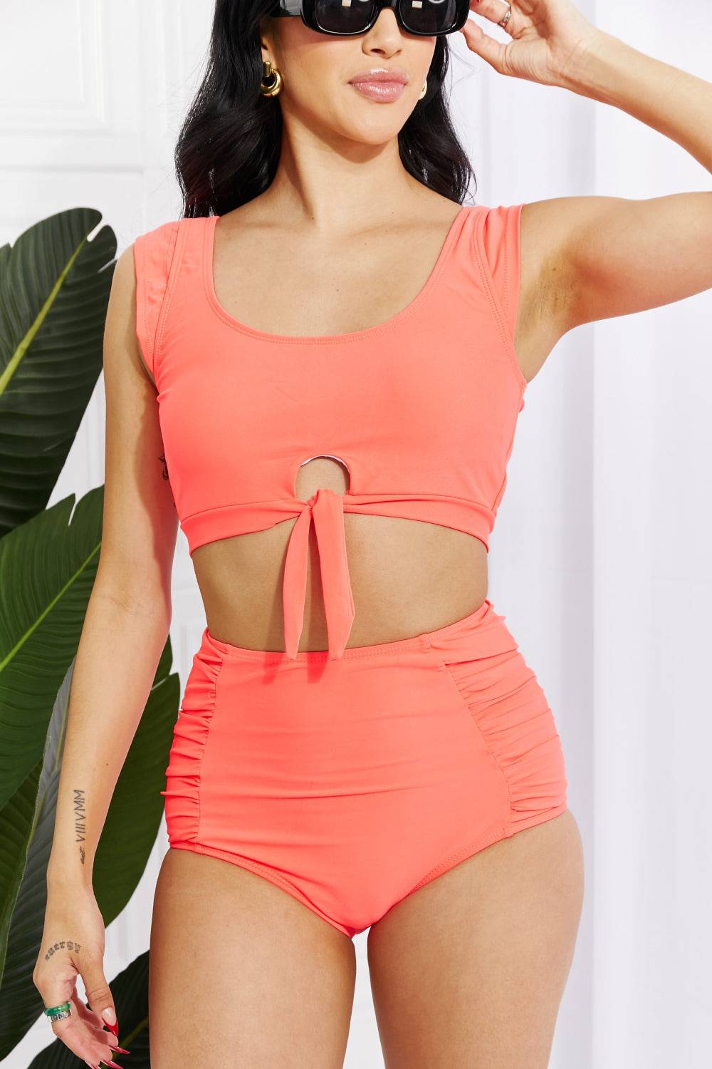 Marina West Swim Sanibel Crop Swim Top and Ruched Bottoms Set in Coral - EkaVibe