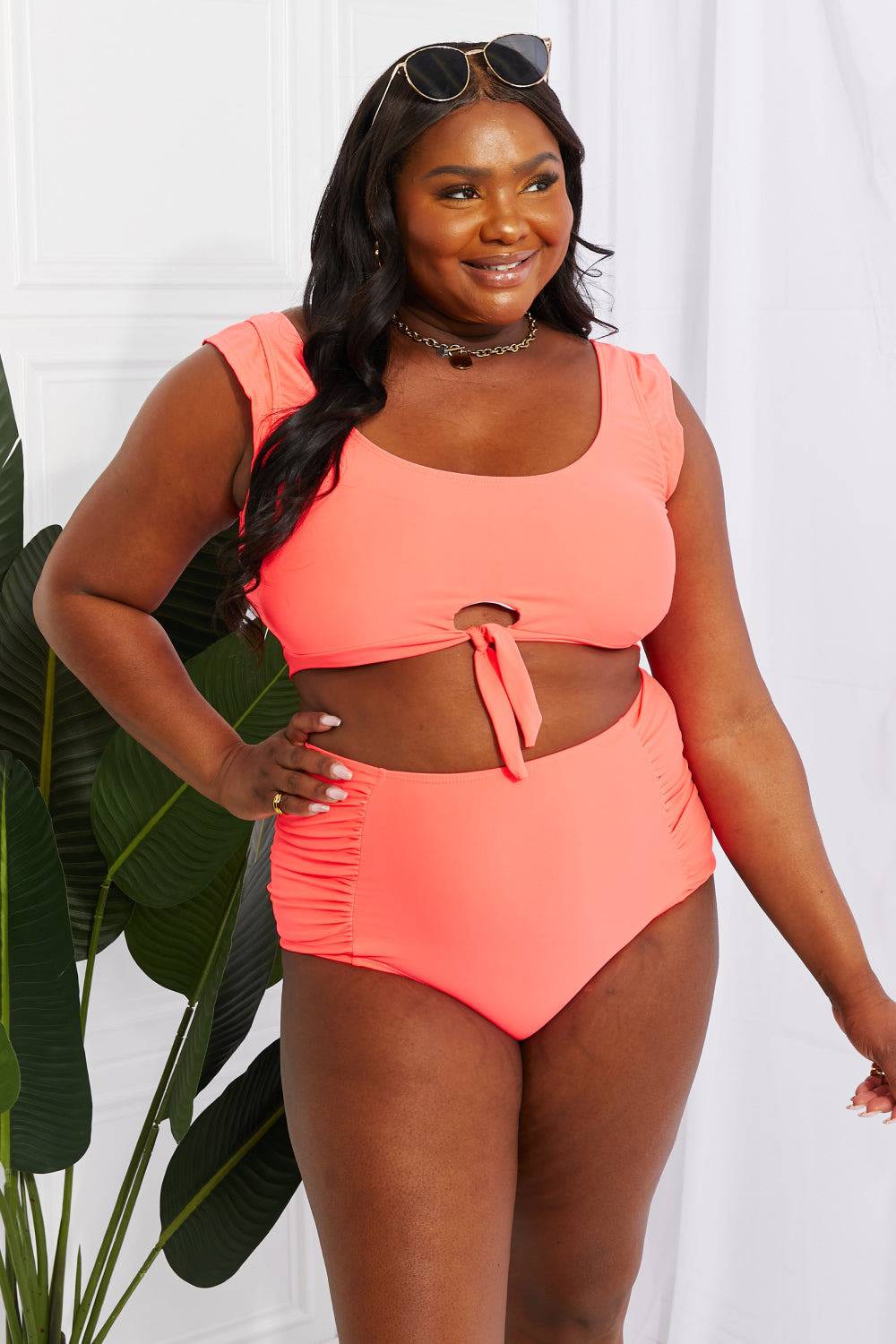 Marina West Swim Sanibel Crop Swim Top and Ruched Bottoms Set in Coral - EkaVibe