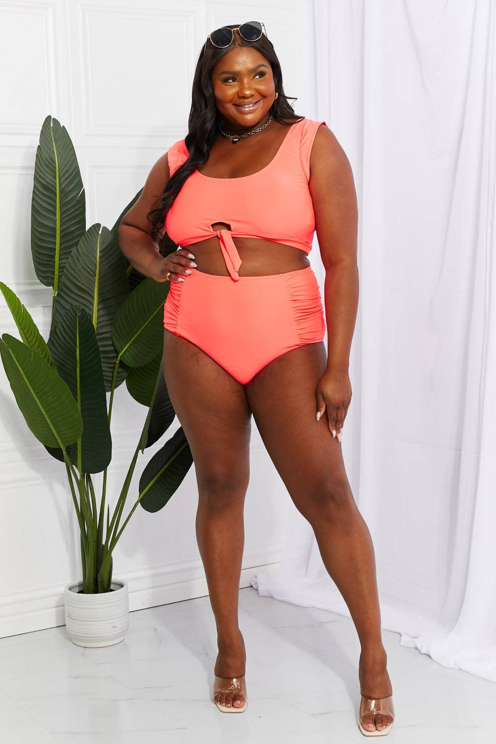 Marina West Swim Sanibel Crop Swim Top and Ruched Bottoms Set in Coral - EkaVibe