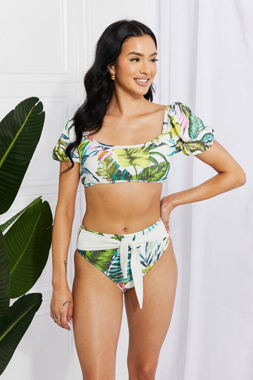 Marina West Swim Vacay Ready Puff Sleeve Bikini in Floral - EkaVibe