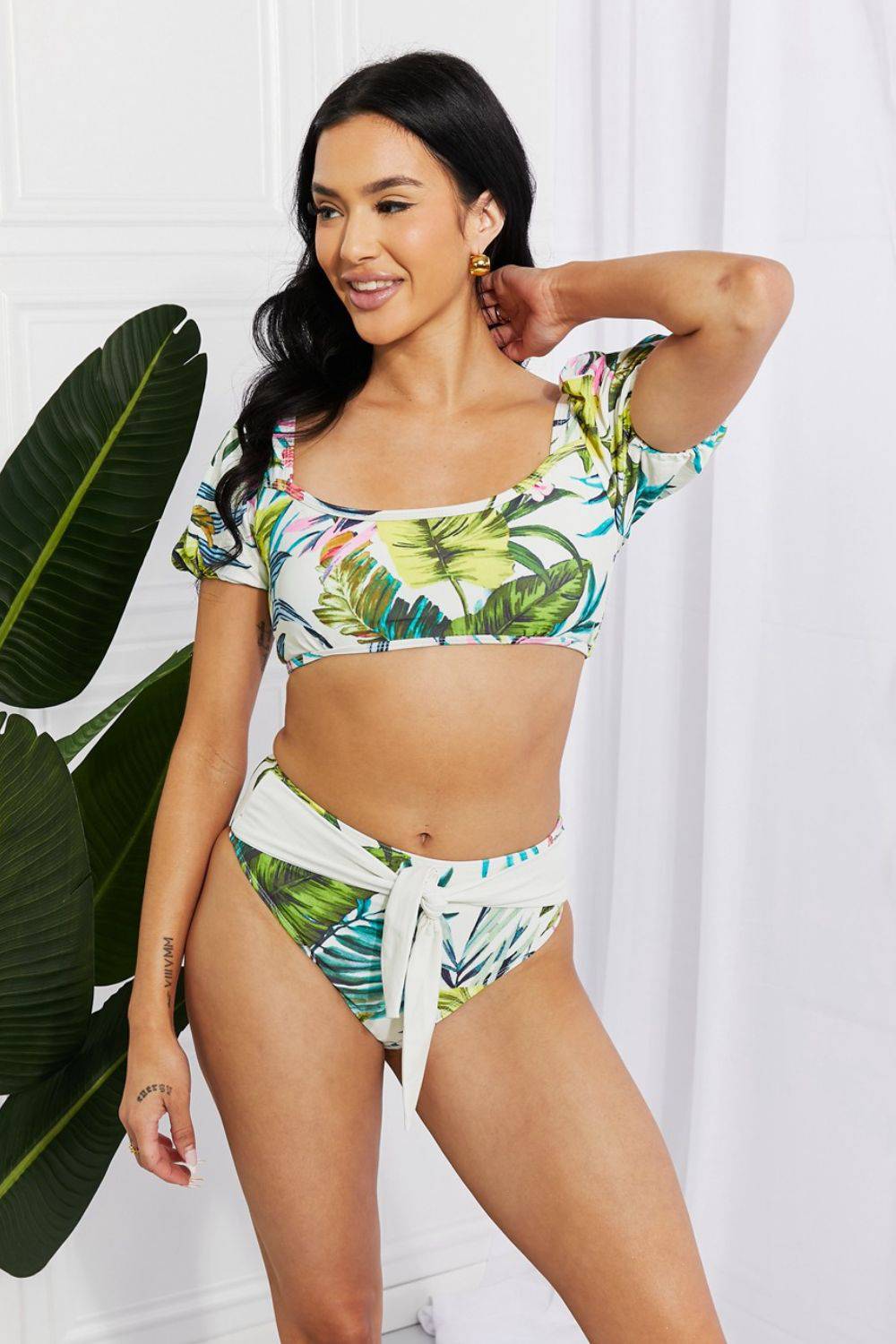 Marina West Swim Vacay Ready Puff Sleeve Bikini in Floral - EkaVibe