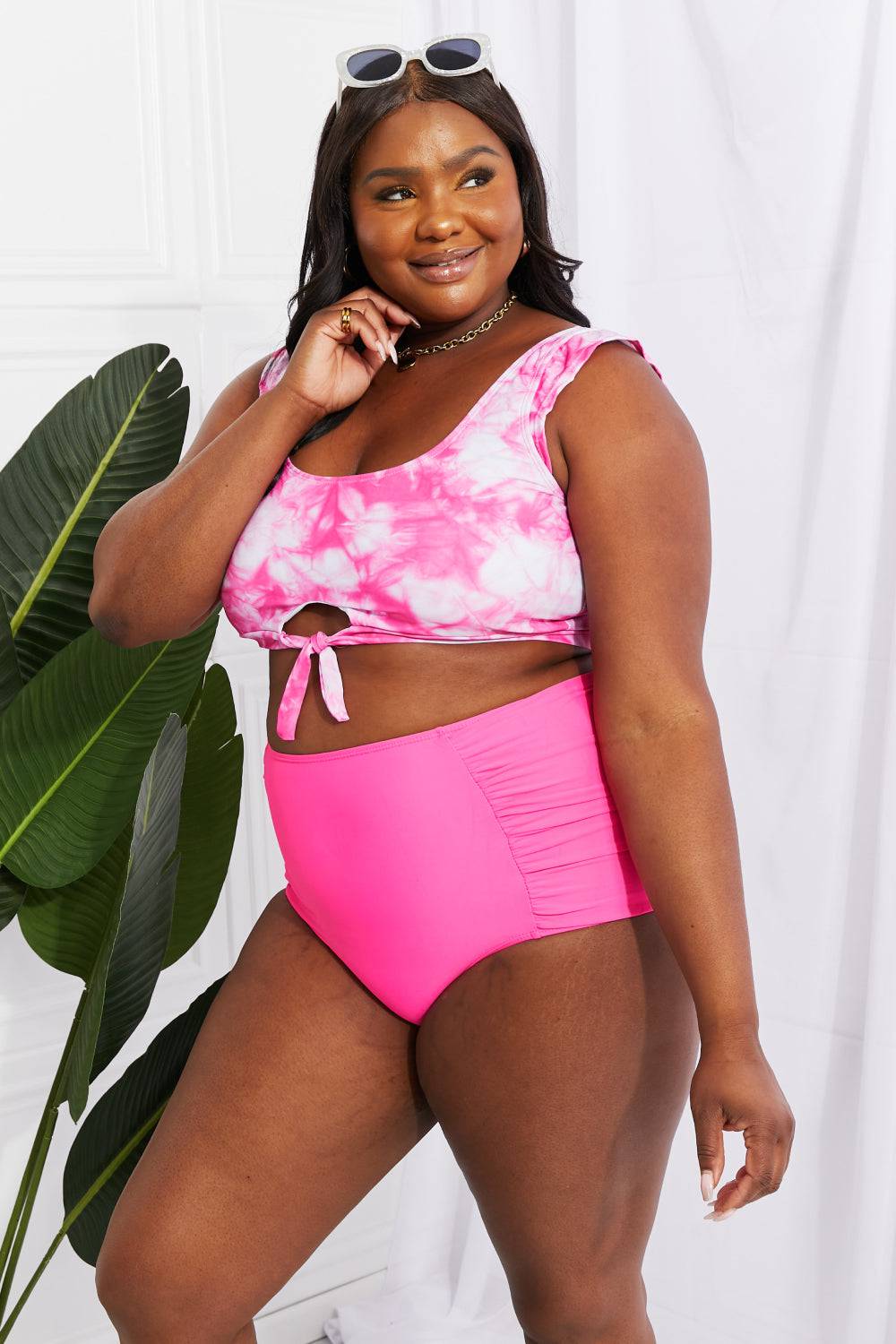 Marina West Swim Sanibel Crop Swim Top and Ruched Bottoms Set in Pink - EkaVibe