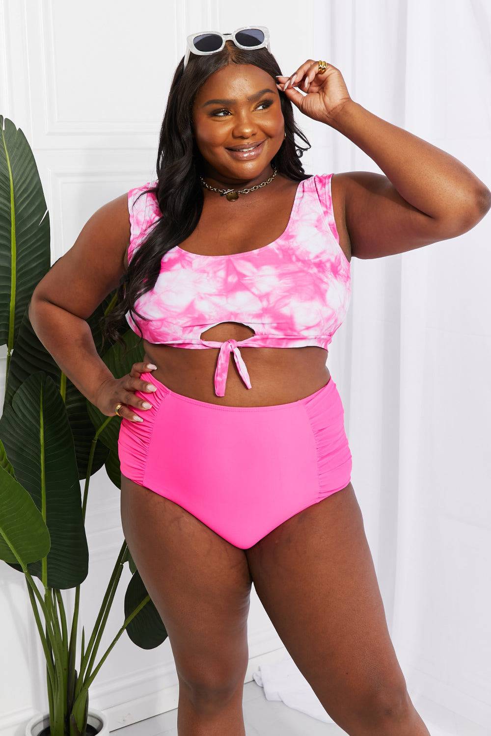 Marina West Swim Sanibel Crop Swim Top and Ruched Bottoms Set in Pink - EkaVibe