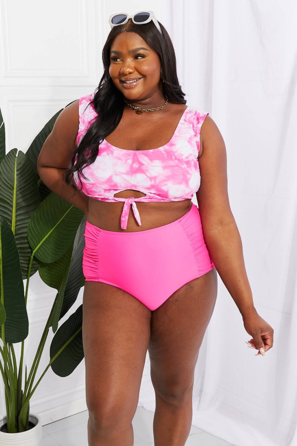 Marina West Swim Sanibel Crop Swim Top and Ruched Bottoms Set in Pink - EkaVibe