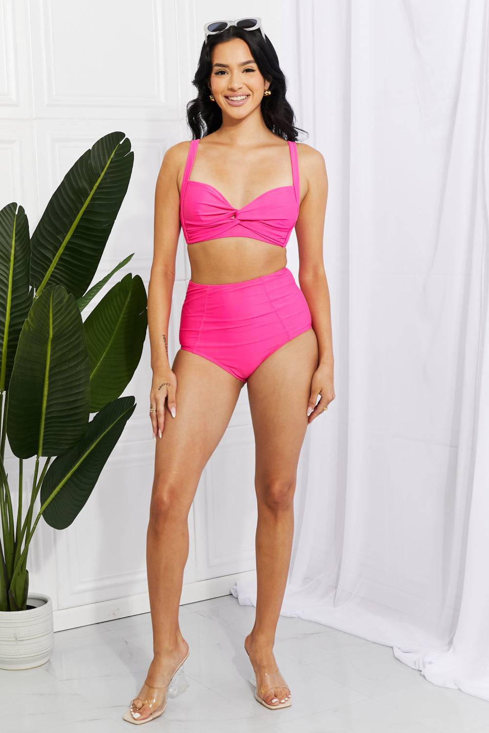 Marina West Swim Take A Dip Twist High-Rise Bikini in Pink - EkaVibe