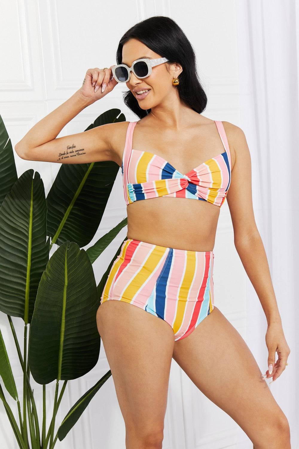 Marina West Swim Take A Dip Twist High-Rise Bikini in Stripe - EkaVibe