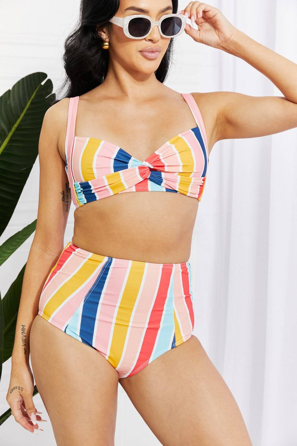 Marina West Swim Take A Dip Twist High-Rise Bikini in Stripe - EkaVibe