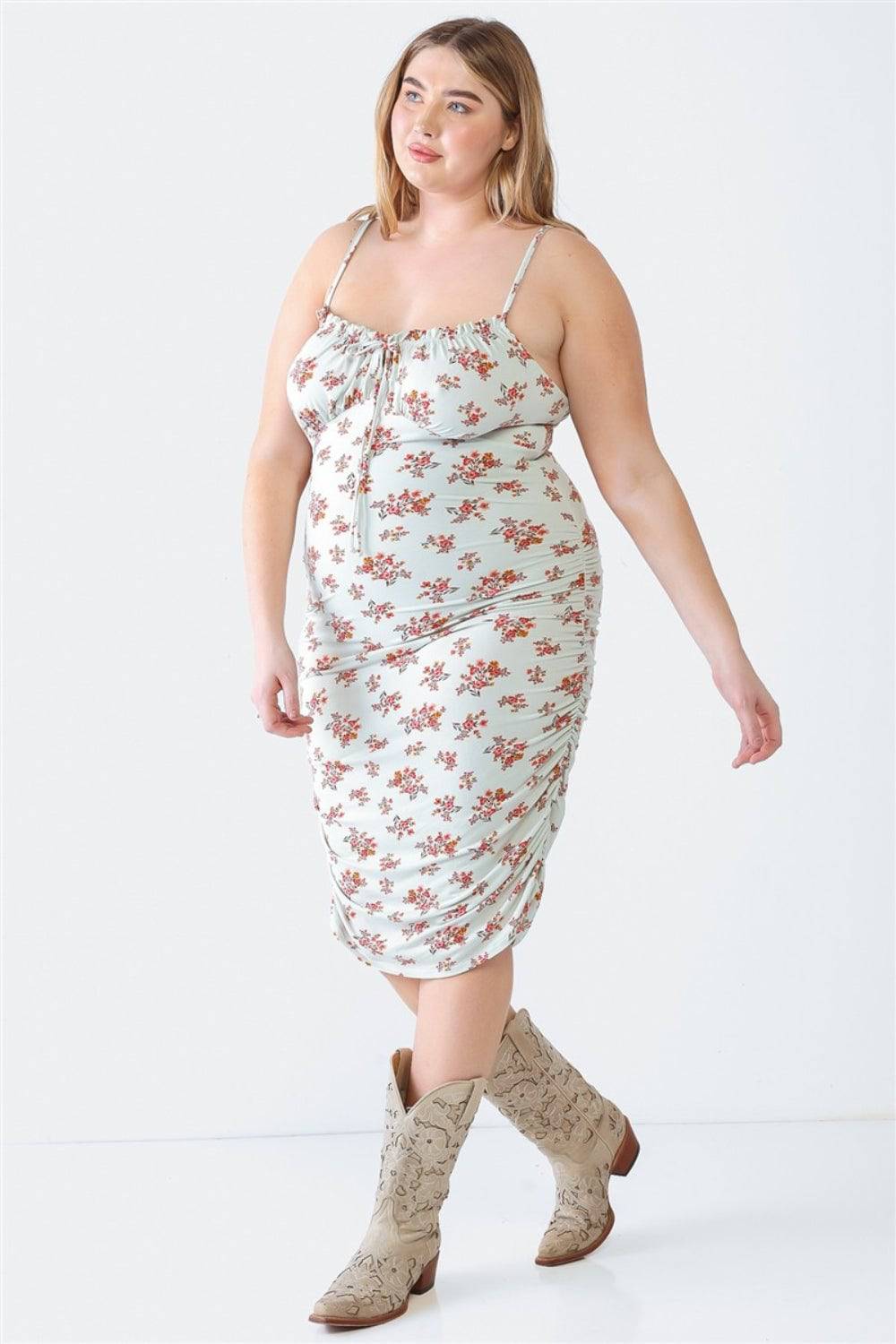 Blue Leopard Plus Size Ruched Floral Square Neck Cami Dress - EkaVibe