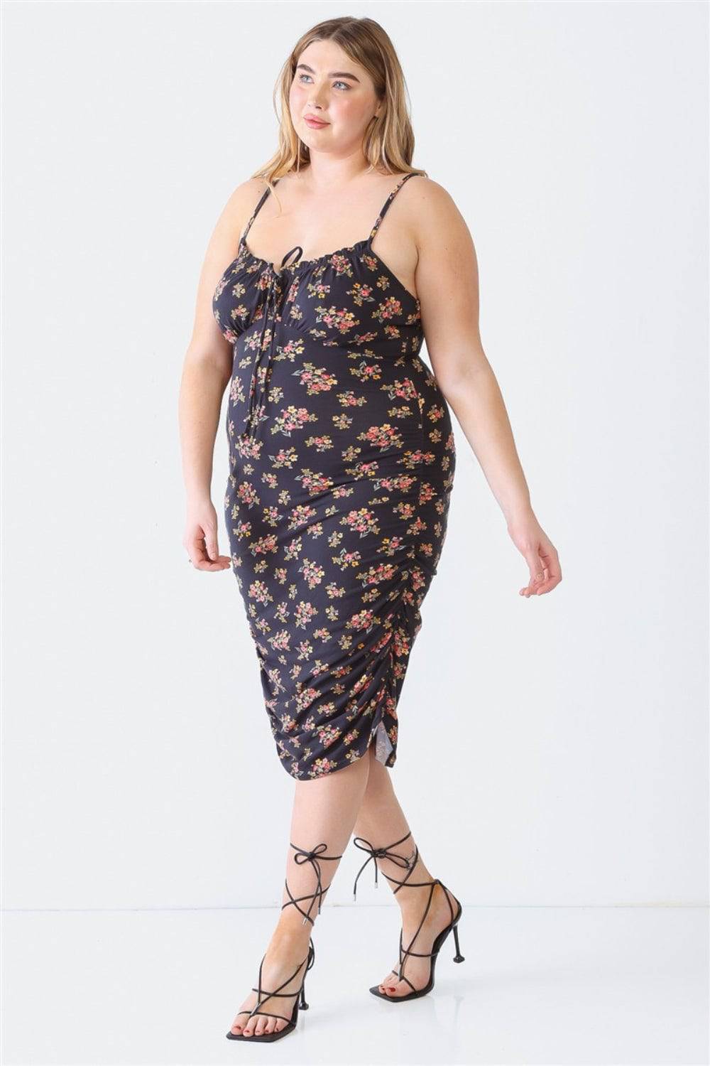 Blue Leopard Plus Size Ruched Floral Square Neck Cami Dress - EkaVibe