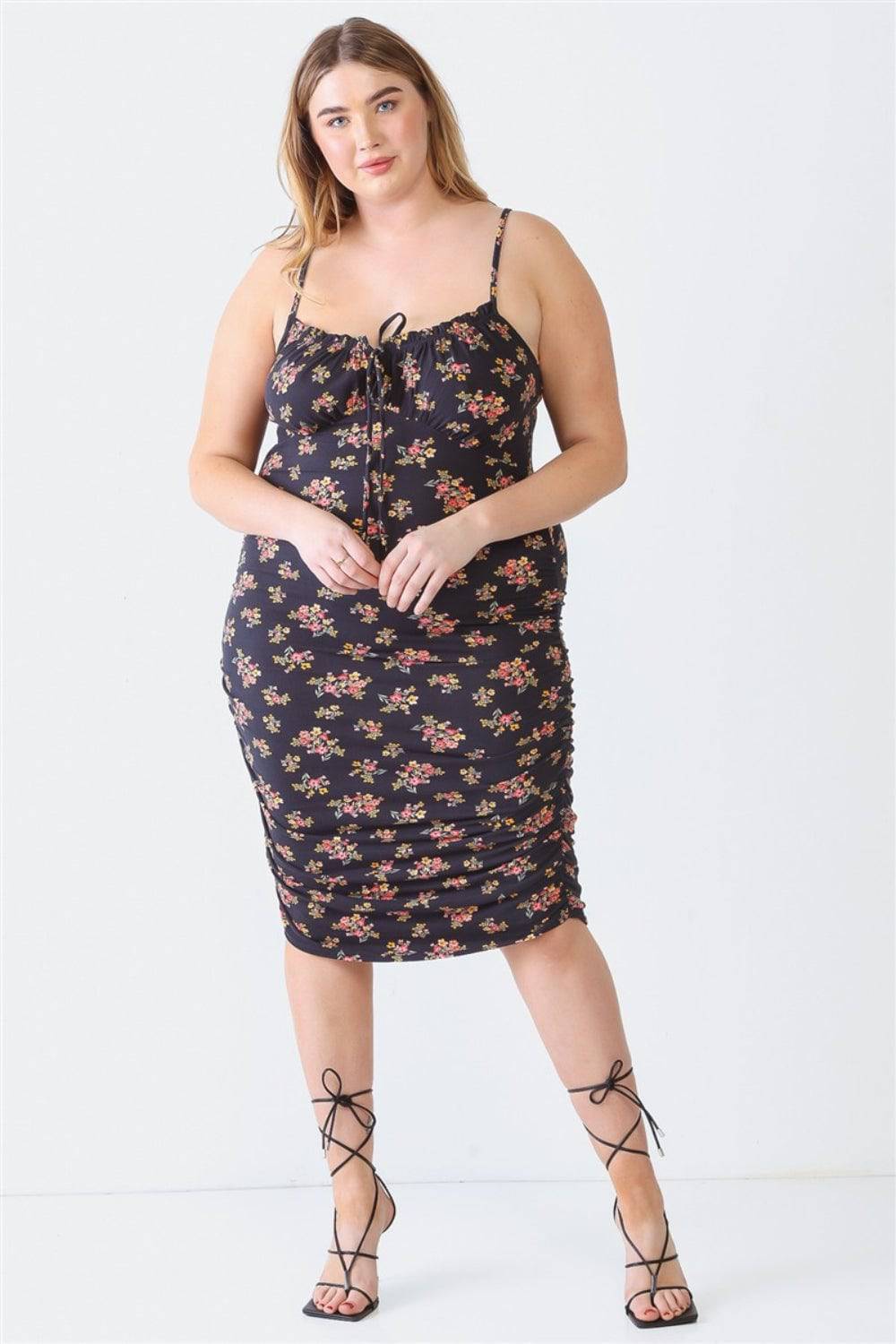 Blue Leopard Plus Size Ruched Floral Square Neck Cami Dress - EkaVibe