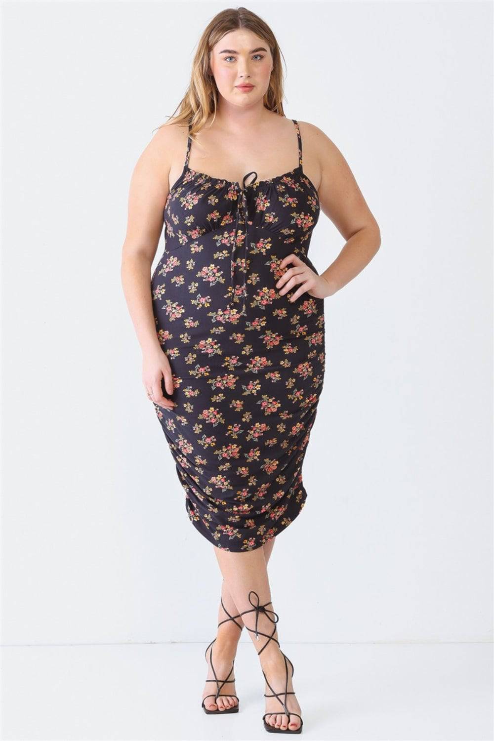 Blue Leopard Plus Size Ruched Floral Square Neck Cami Dress - EkaVibe