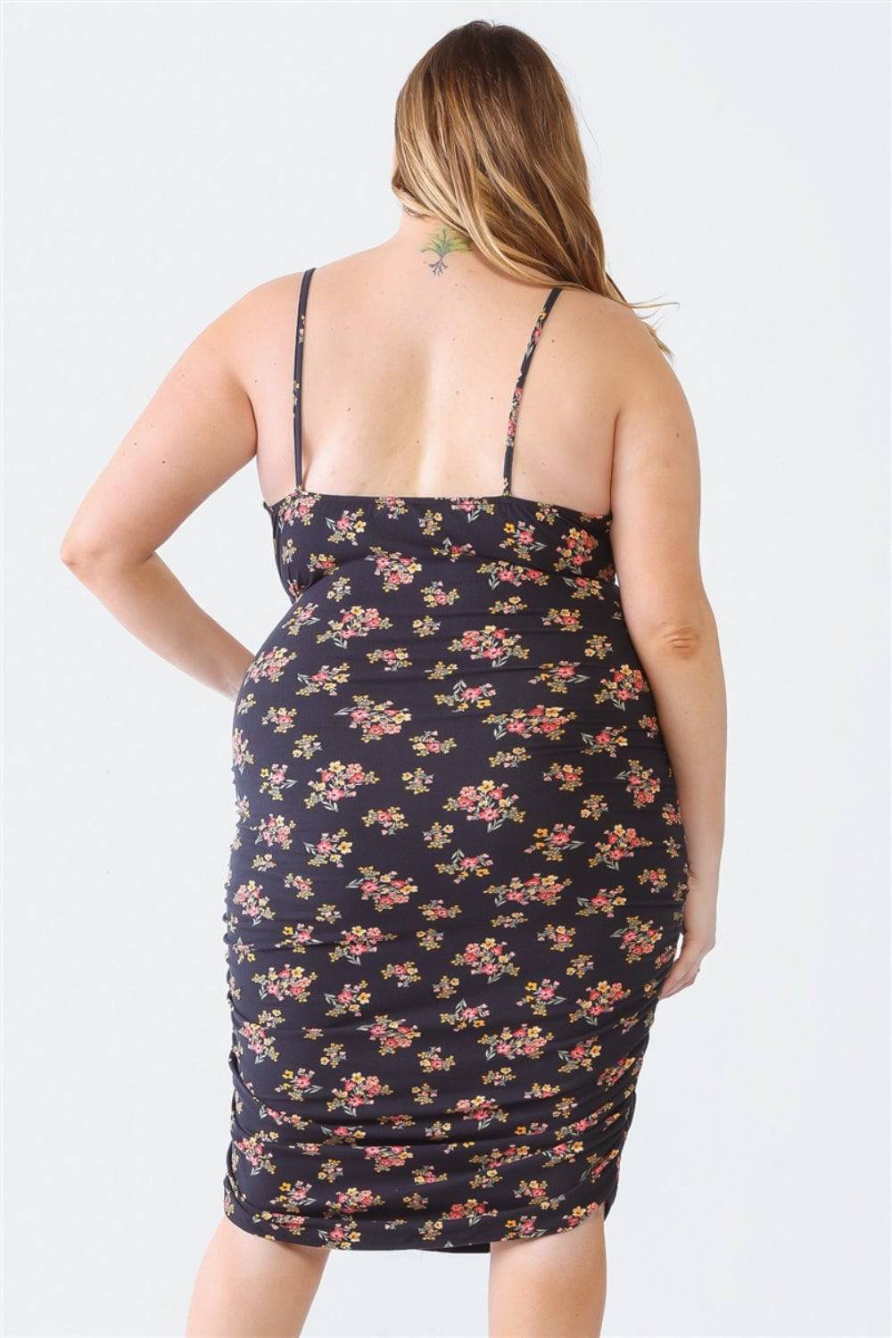 Blue Leopard Plus Size Ruched Floral Square Neck Cami Dress - EkaVibe