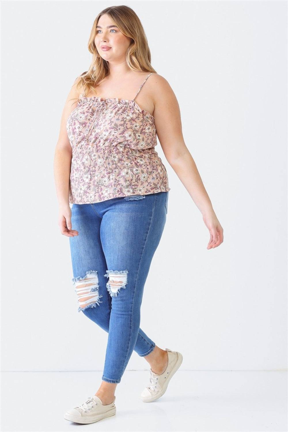 Zenobia Plus Size Frill Floral Square Neck Cami - EkaVibe