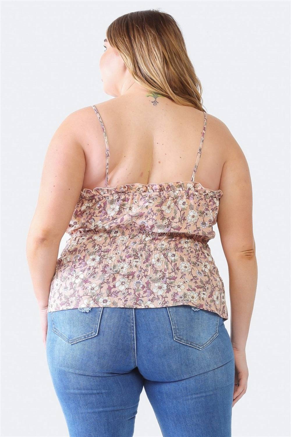 Zenobia Plus Size Frill Floral Square Neck Cami - EkaVibe