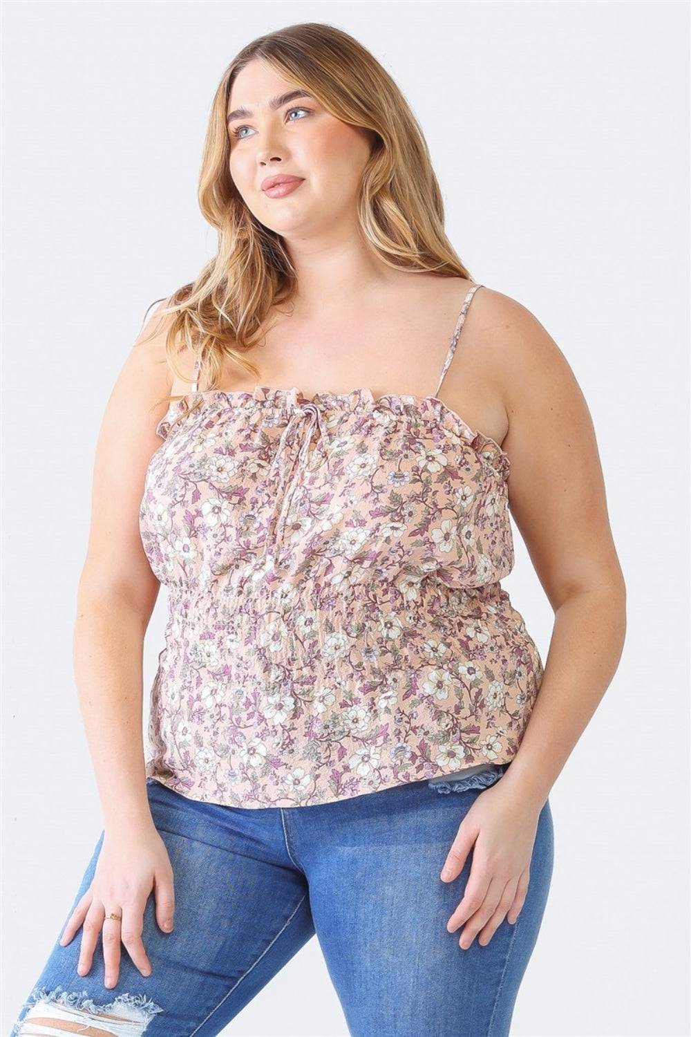 Zenobia Plus Size Frill Floral Square Neck Cami - EkaVibe