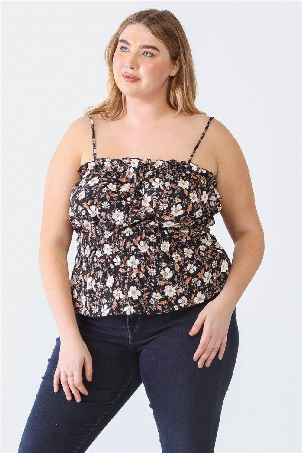 Zenobia Plus Size Frill Floral Square Neck Cami - EkaVibe