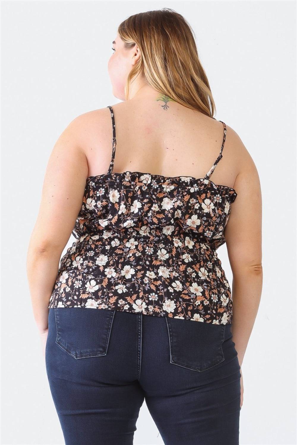 Zenobia Plus Size Frill Floral Square Neck Cami - EkaVibe