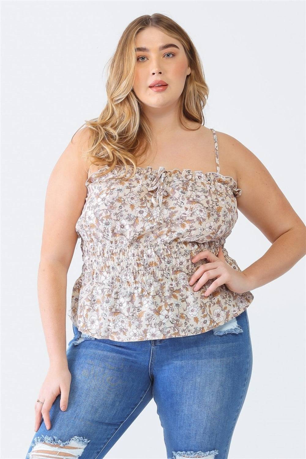 Zenobia Plus Size Frill Floral Square Neck Cami - EkaVibe