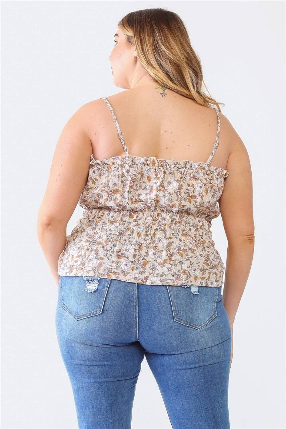 Zenobia Plus Size Frill Floral Square Neck Cami - EkaVibe