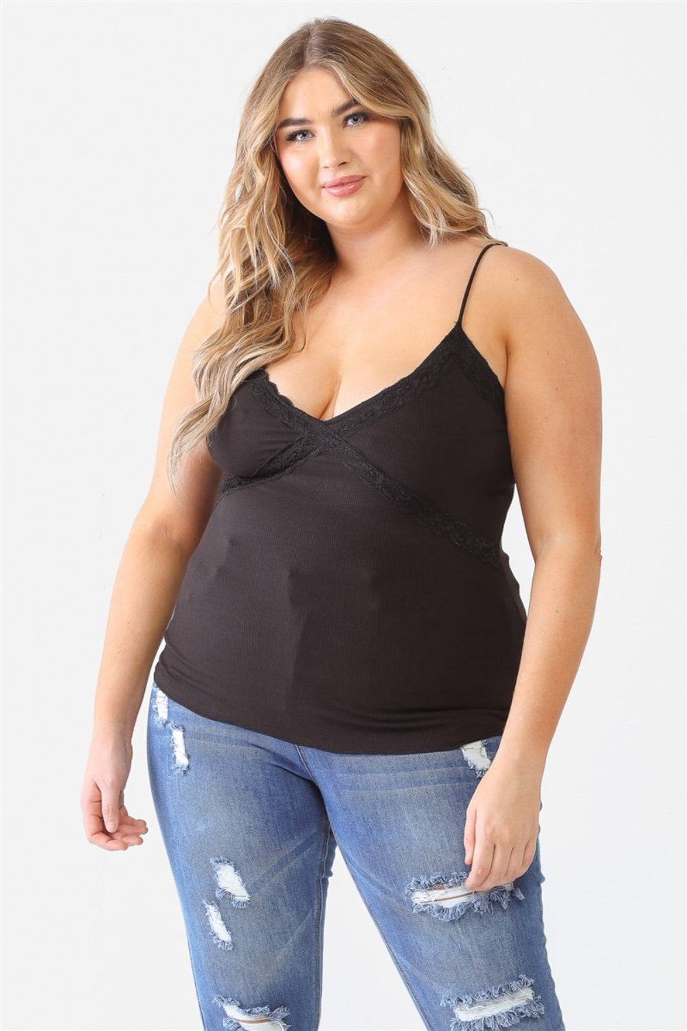 Zenobia Plus Size Lace Detail V-Neck Cami - EkaVibe