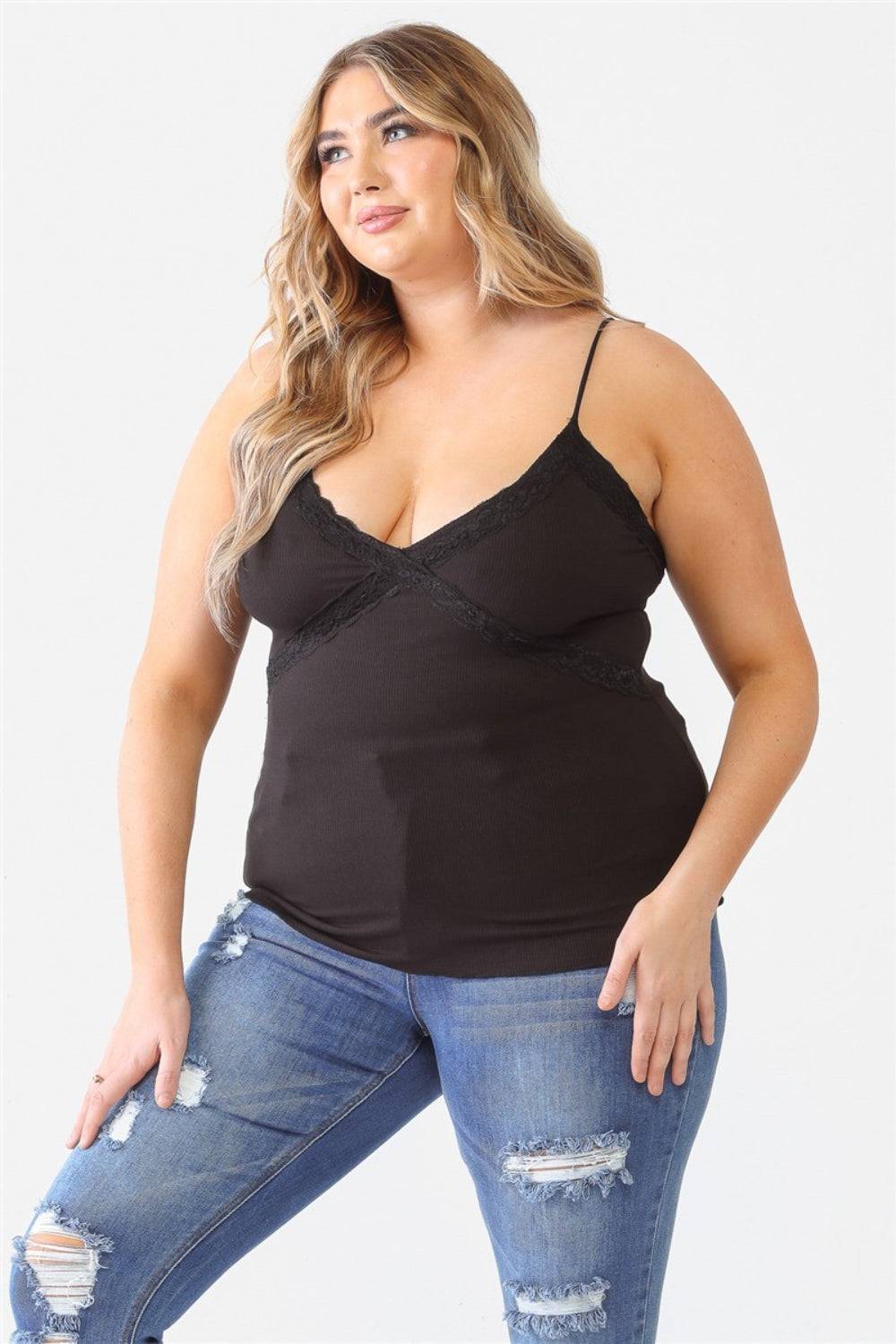 Zenobia Plus Size Lace Detail V-Neck Cami - EkaVibe