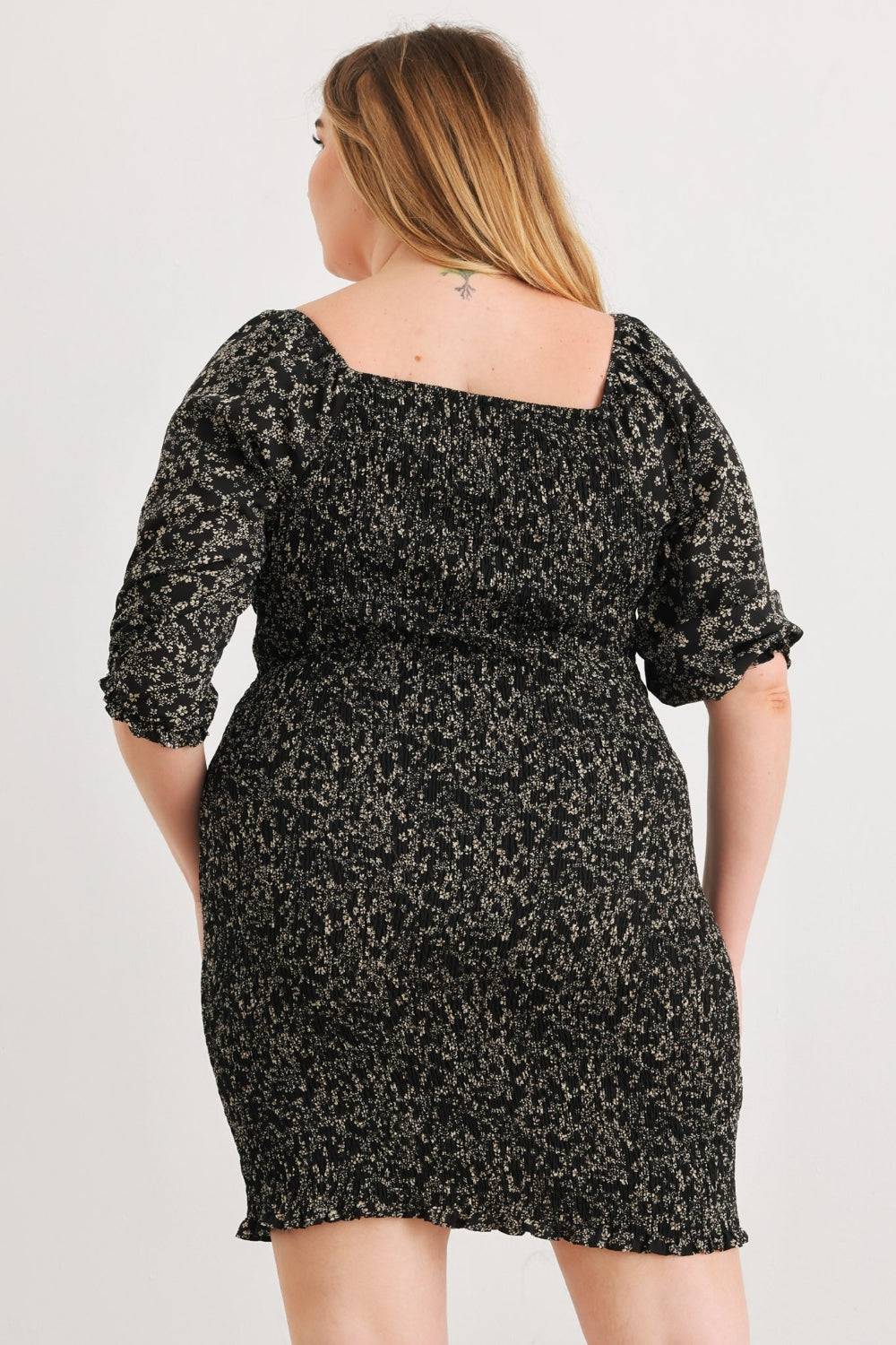 Zenobia Plus Size Smocked Printed Square Neck Mini Dress - EkaVibe