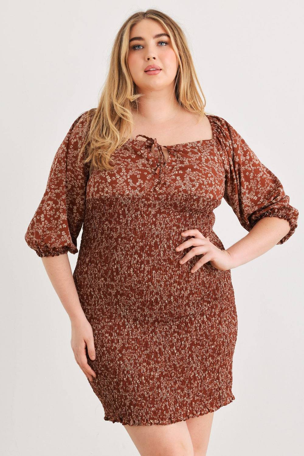 Zenobia Plus Size Smocked Printed Square Neck Mini Dress - EkaVibe