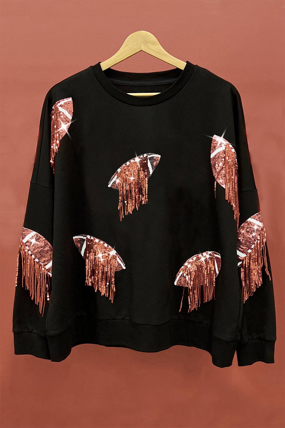 BiBi Sequin Fringe Football Patch Round Neck Sweatshirt - EkaVibe