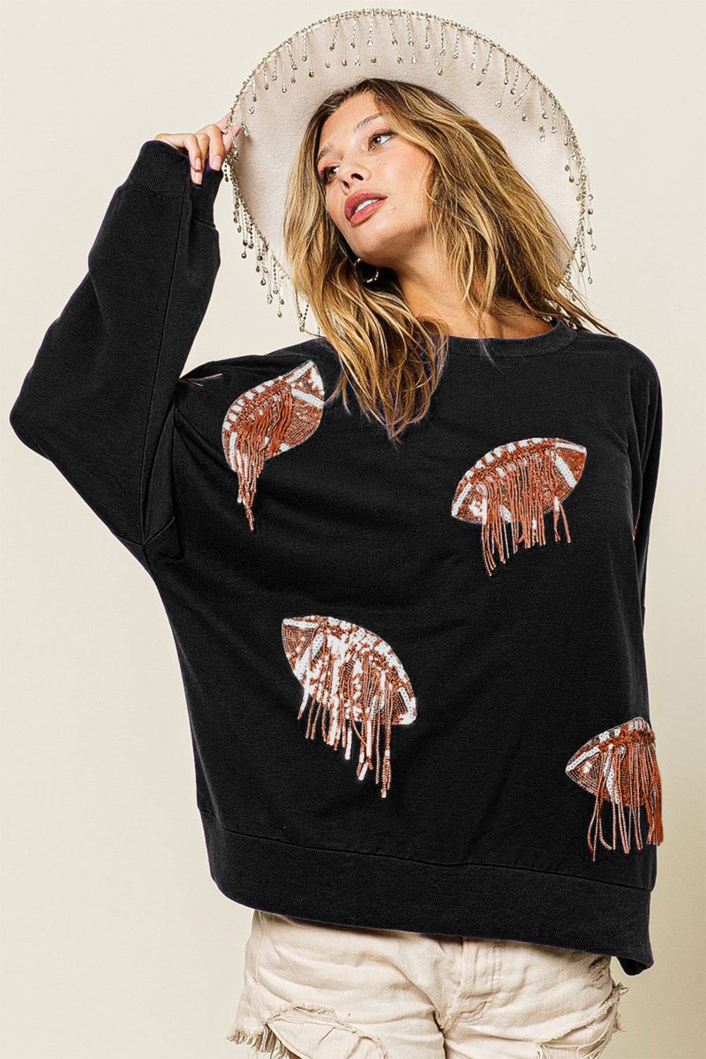 BiBi Sequin Fringe Football Patch Round Neck Sweatshirt - EkaVibe