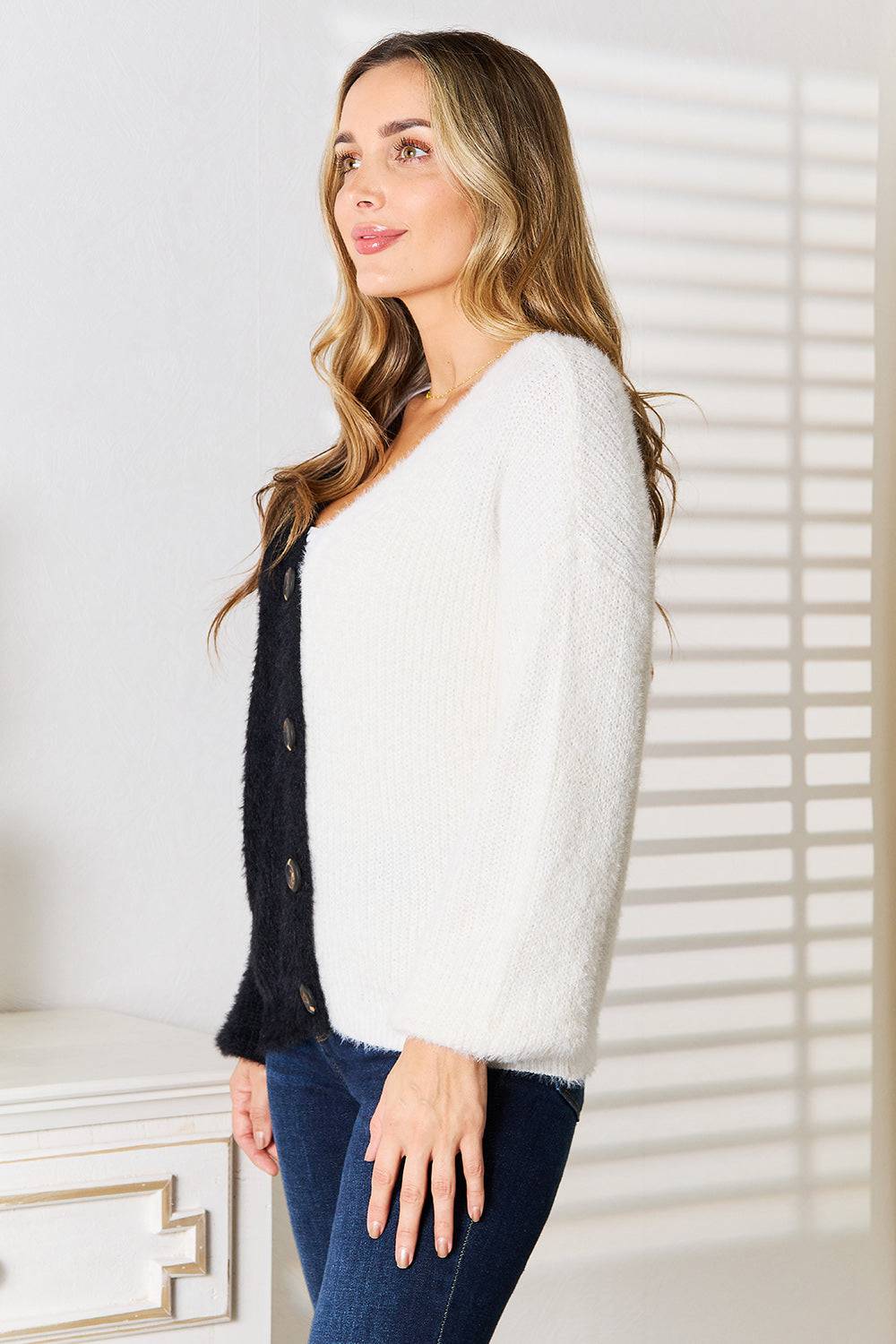 Angel Wings Woven Right Contrast Button-Front V-Neck Cardigan - EkaVibe