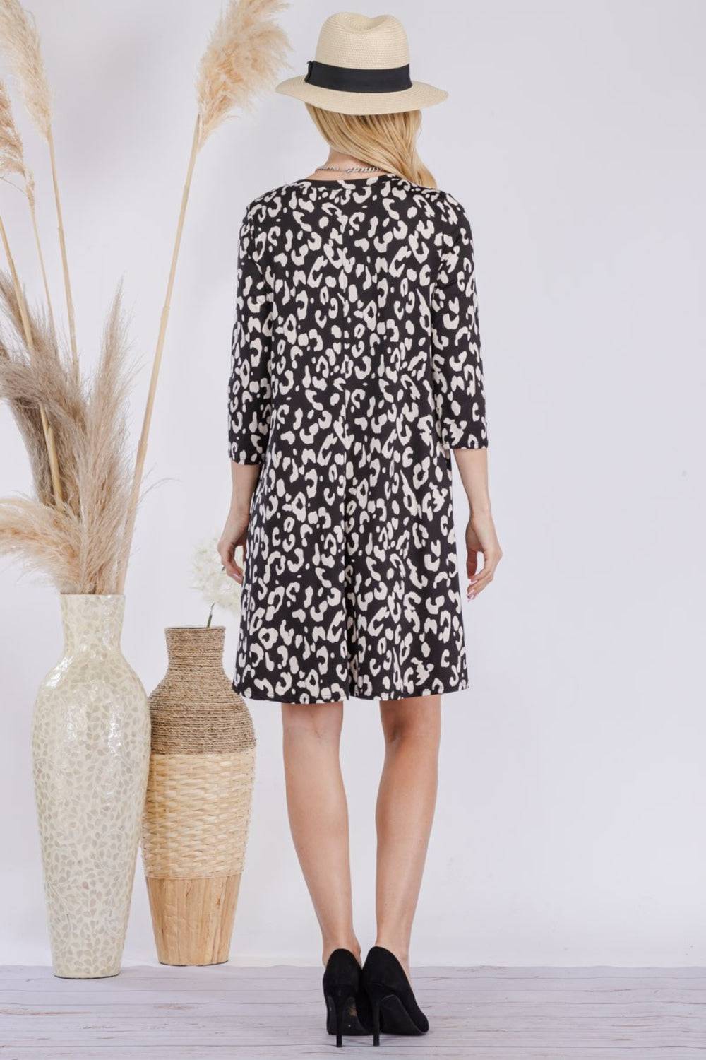 Celeste Full Size Leopard Three-Quarter Sleeve Dress with Pockets - EkaVibe