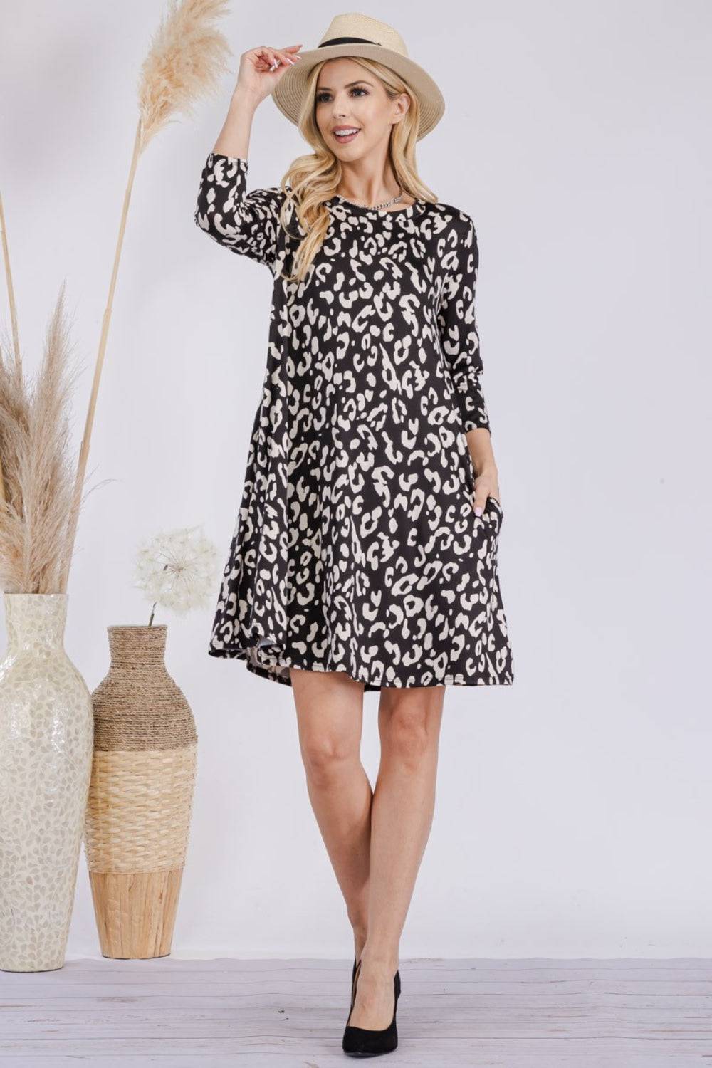 Celeste Full Size Leopard Three-Quarter Sleeve Dress with Pockets - EkaVibe