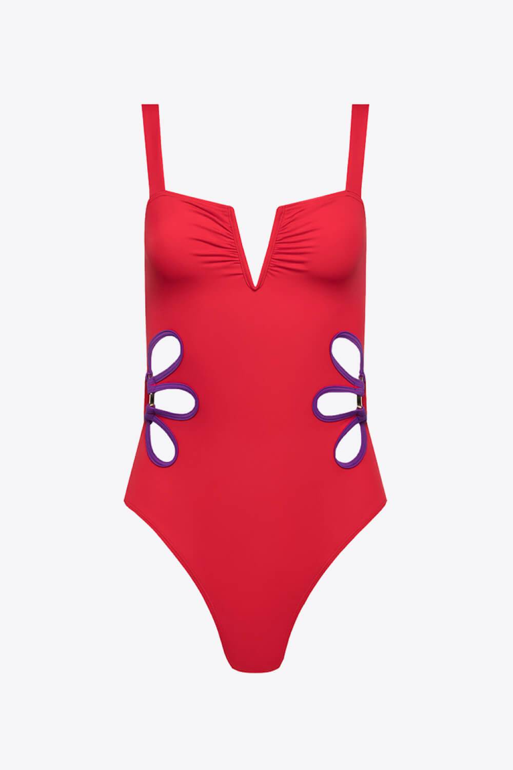 Contrast Trim Cutout Notched Neck One-Piece Swimsuit - EkaVibe