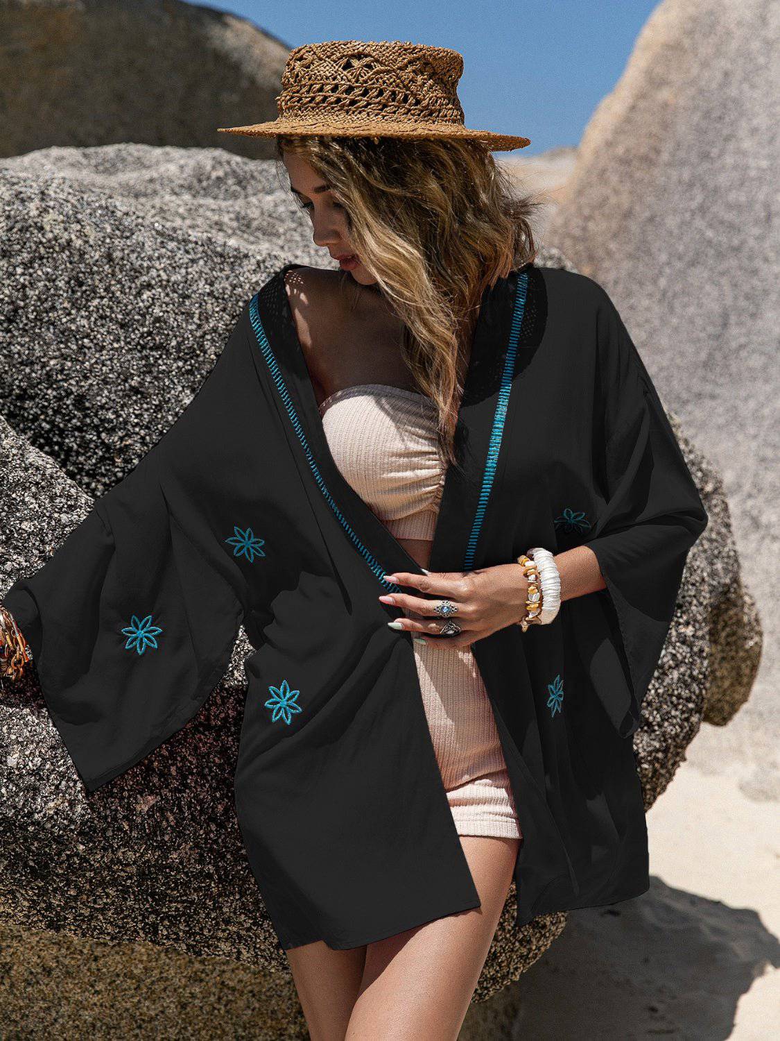 Embroidered Open Front Long Sleeve Cover Up - EkaVibe