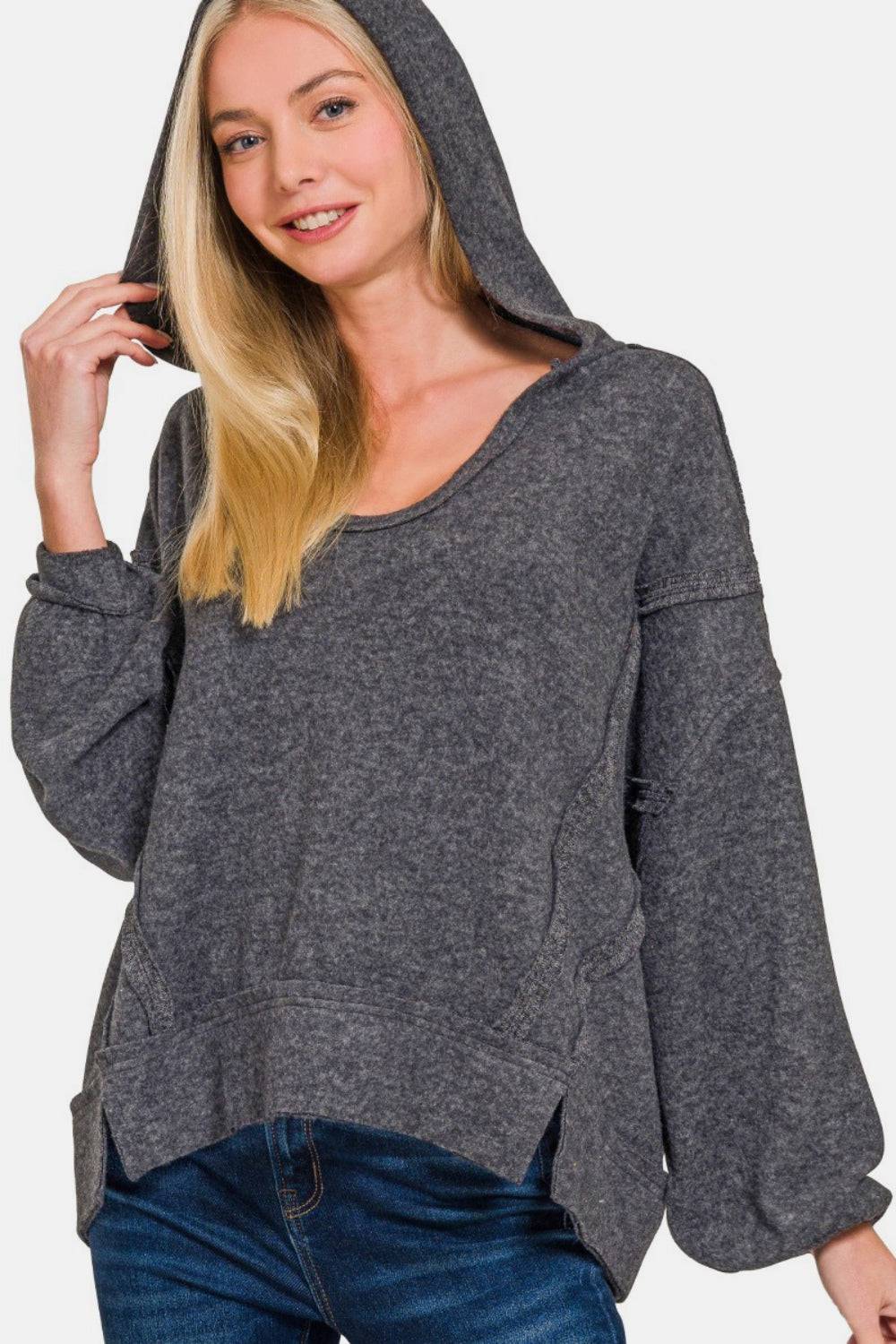 Zenana Brushed Hacci Exposed Seam Hoodie - EkaVibe