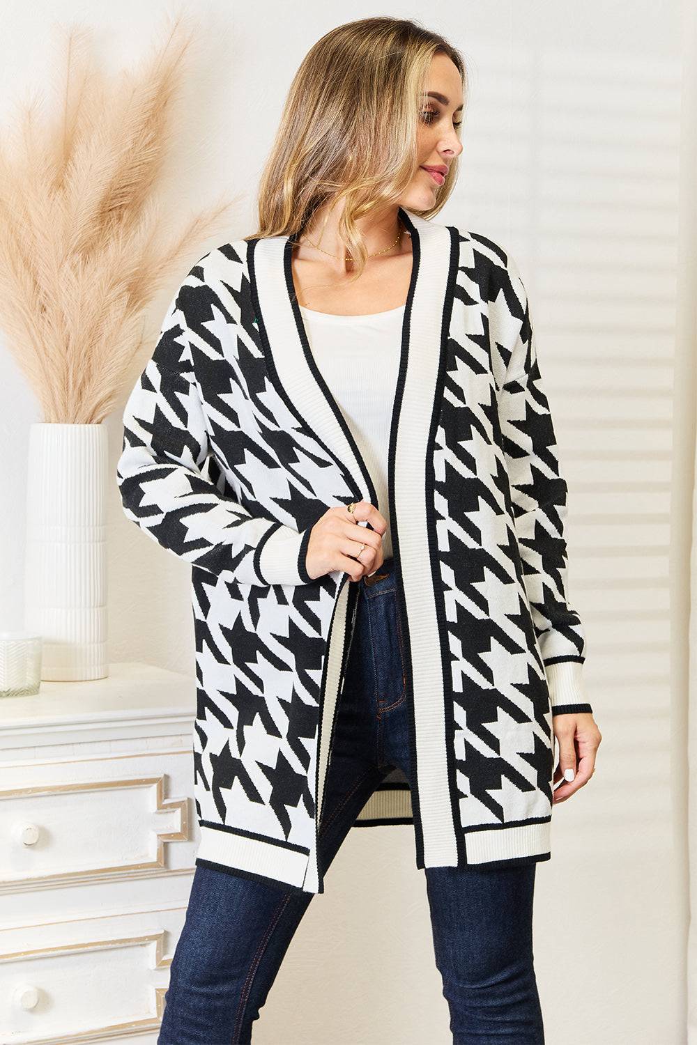 Mandy Woven Right Houndstooth Open Front Longline Cardigan - EkaVibe